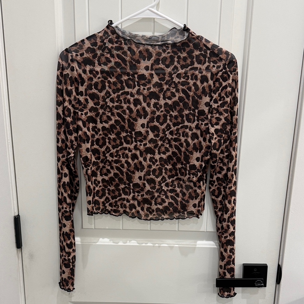 Leopard Print Mesh Long Sleeve Top